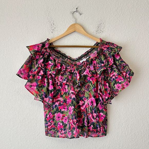 SOMETHING NAVY Blouse Multicolor Floral Ruffled Cotton Layer Fairy Boho - Picture 1 of 6